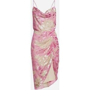 Samsoe Samsoe Pink Kirigami Floral Dapples Ruched Satin Burnout Dress Large NWT